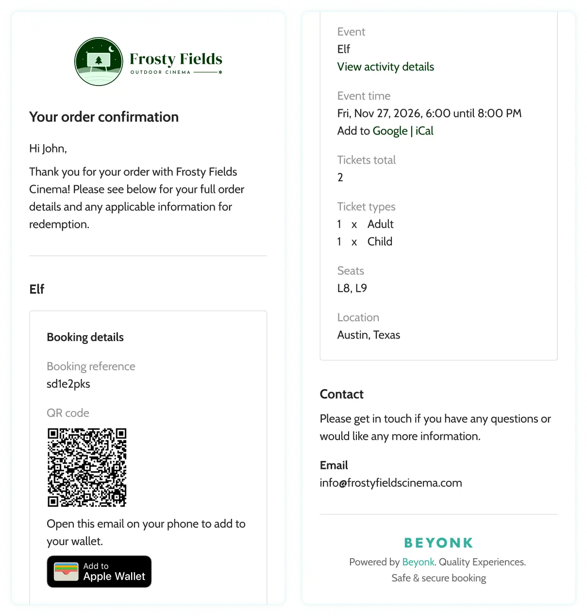 seat numbers are saved on all email confirmations
